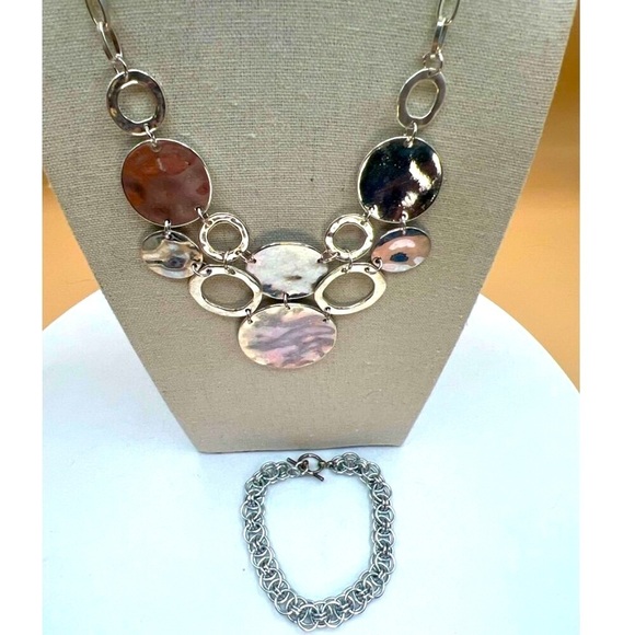Silver Tone Circle Pendant Necklace & Link Bracelet Set.  N38 - Picture 2 of 15